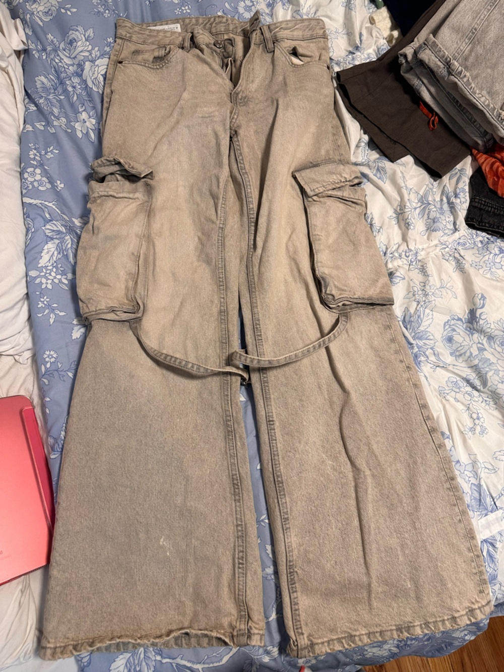 Zara Beige Cargo Jumpsuit-Style Pants with Flap Pockets